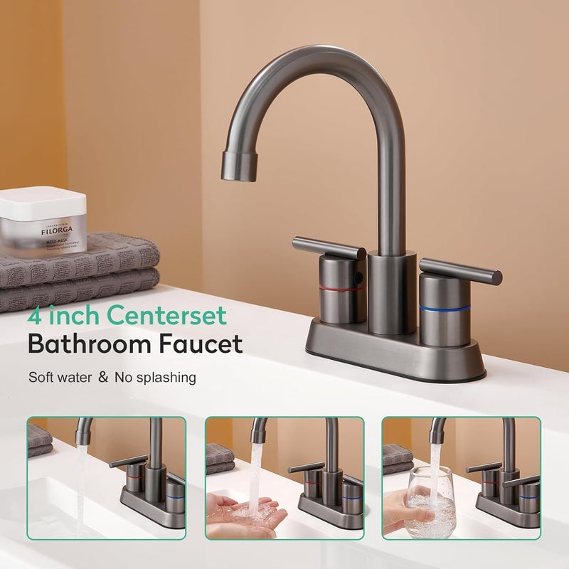faustina Gery Bathroom Faucet, 4 Inch Centerset Faucet for Sink 2 Holes 3 Holes，Two Handles 304 Stainless Steel with Pup up Drain Assembly and 2 Water Supply Lines for RV Vanity - Image 3